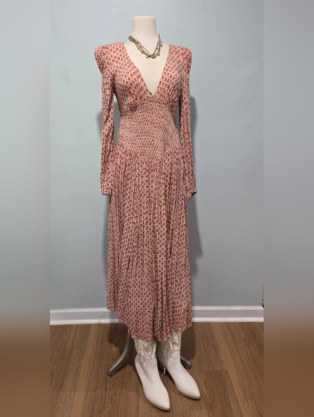 Free People Long Sleeve V-Neck Red Printed Maxi Dress, Sz Sm